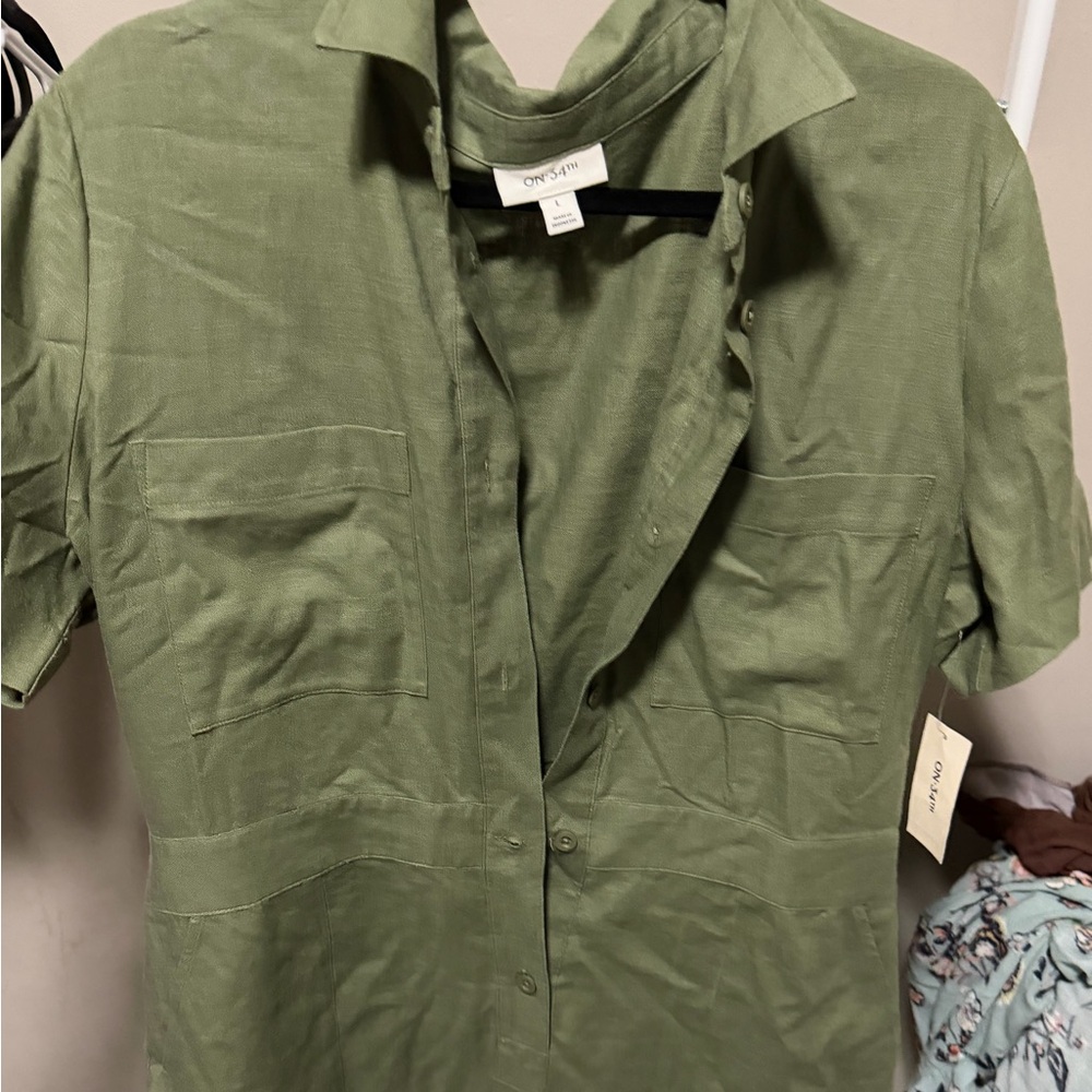 NWT**Olive Green Button-Up Short Sleeve AND  SHORTS romper